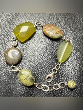 Artisan Green Mixed Natural Stone Link Bracelet - Sterling Silver